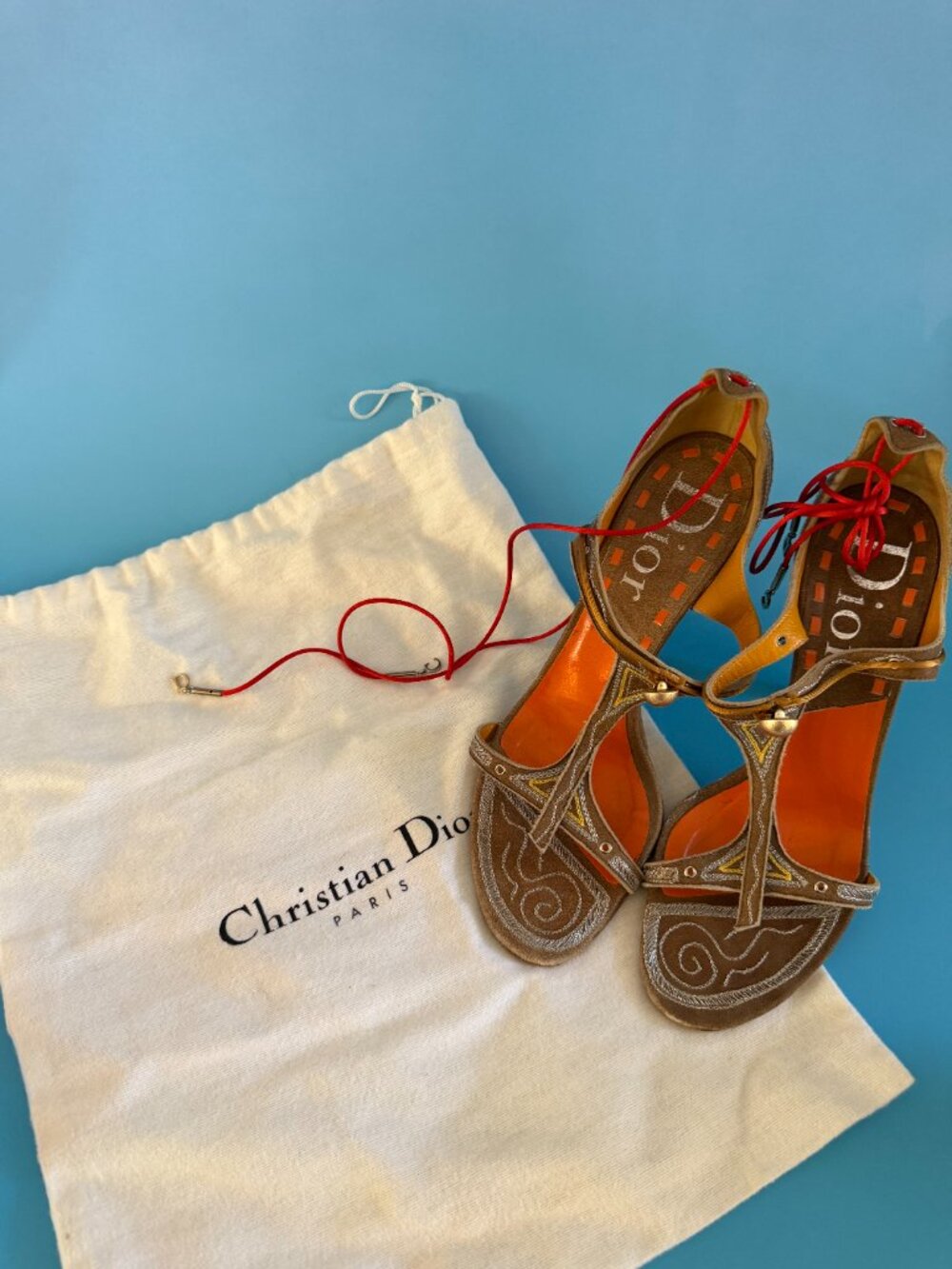 Christian Dior Galliano Embroidered Suede Ankle Tie Heels Orange Footbed 38 Full - Picture 3 of 9